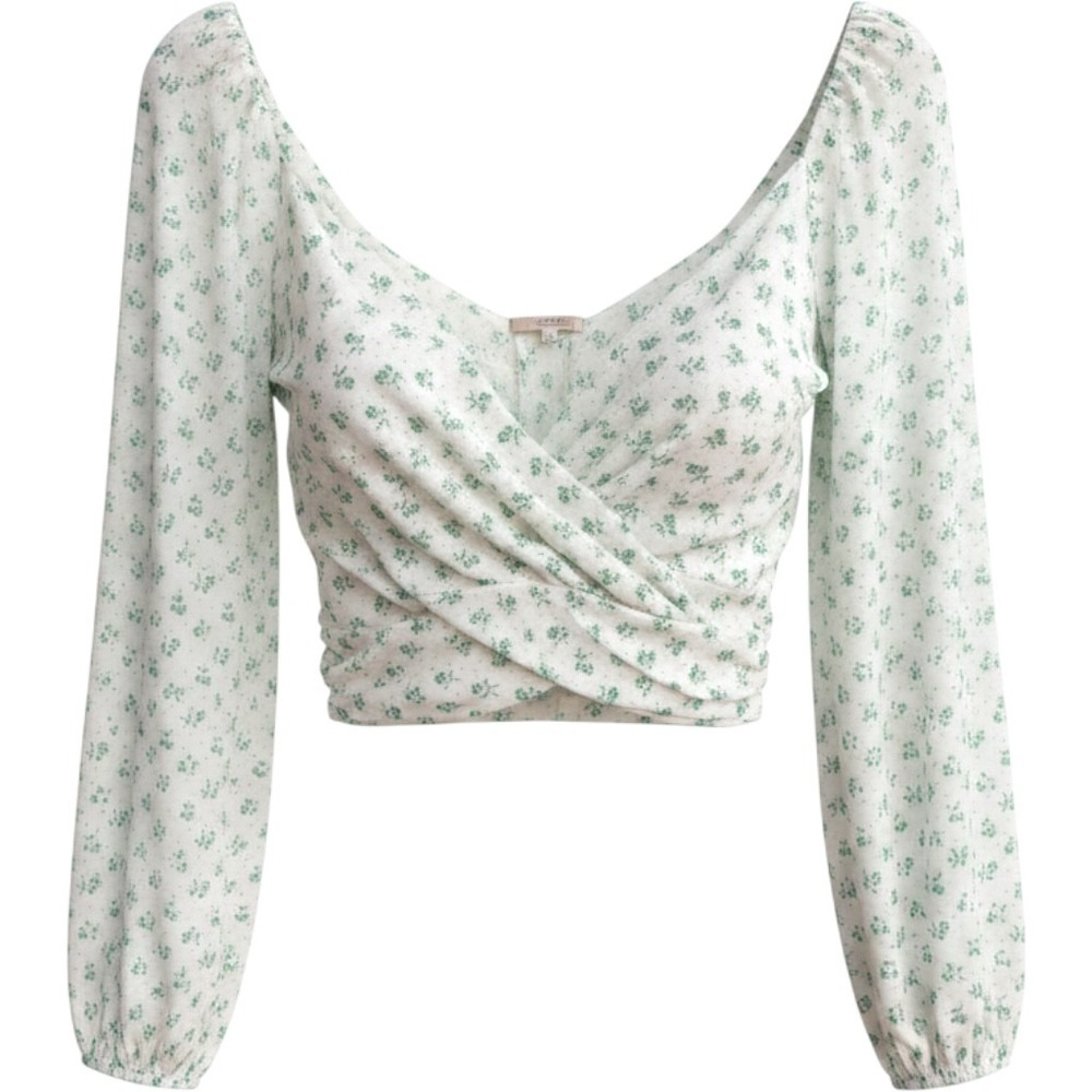 Free People Floral Mesh Wrap Crop Top Green White Balloon Sleeve V-Neck Lined